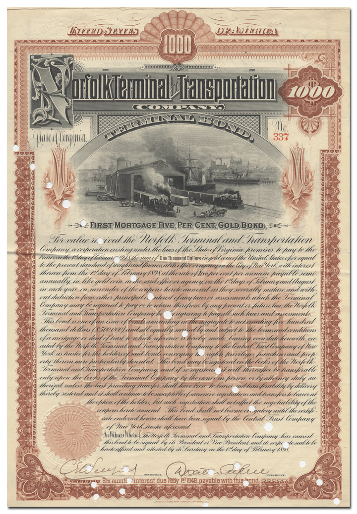 Norfolk Terminal and Transportation Company Bond Certificate