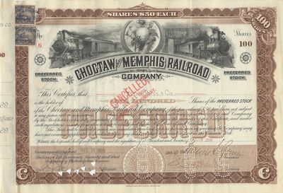 Choctaw and Memphis Railroad Company Stock Certificate