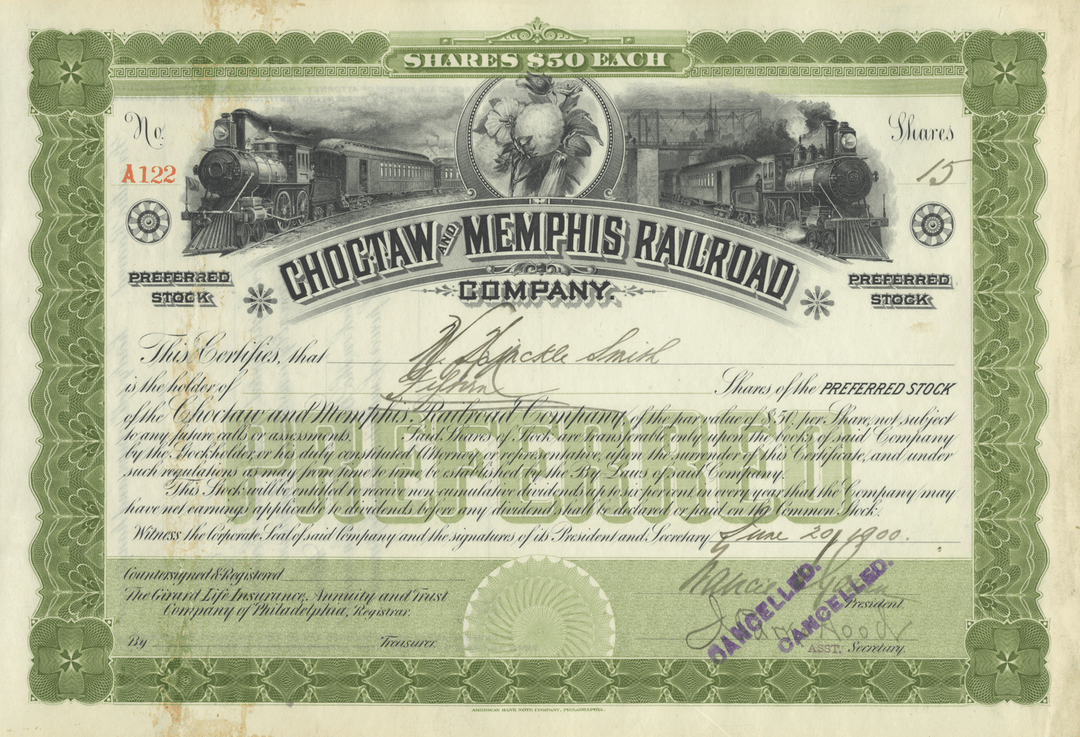 Choctaw and Memphis Railroad Company Stock Certificate