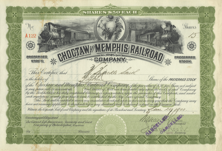 Choctaw and Memphis Railroad Company Stock Certificate