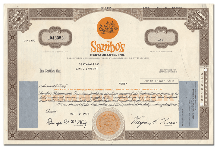 Sambo's Restaurants, Inc. Stock Certificate