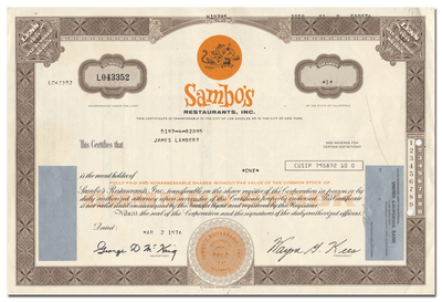 Sambo's Restaurants, Inc. Stock Certificate