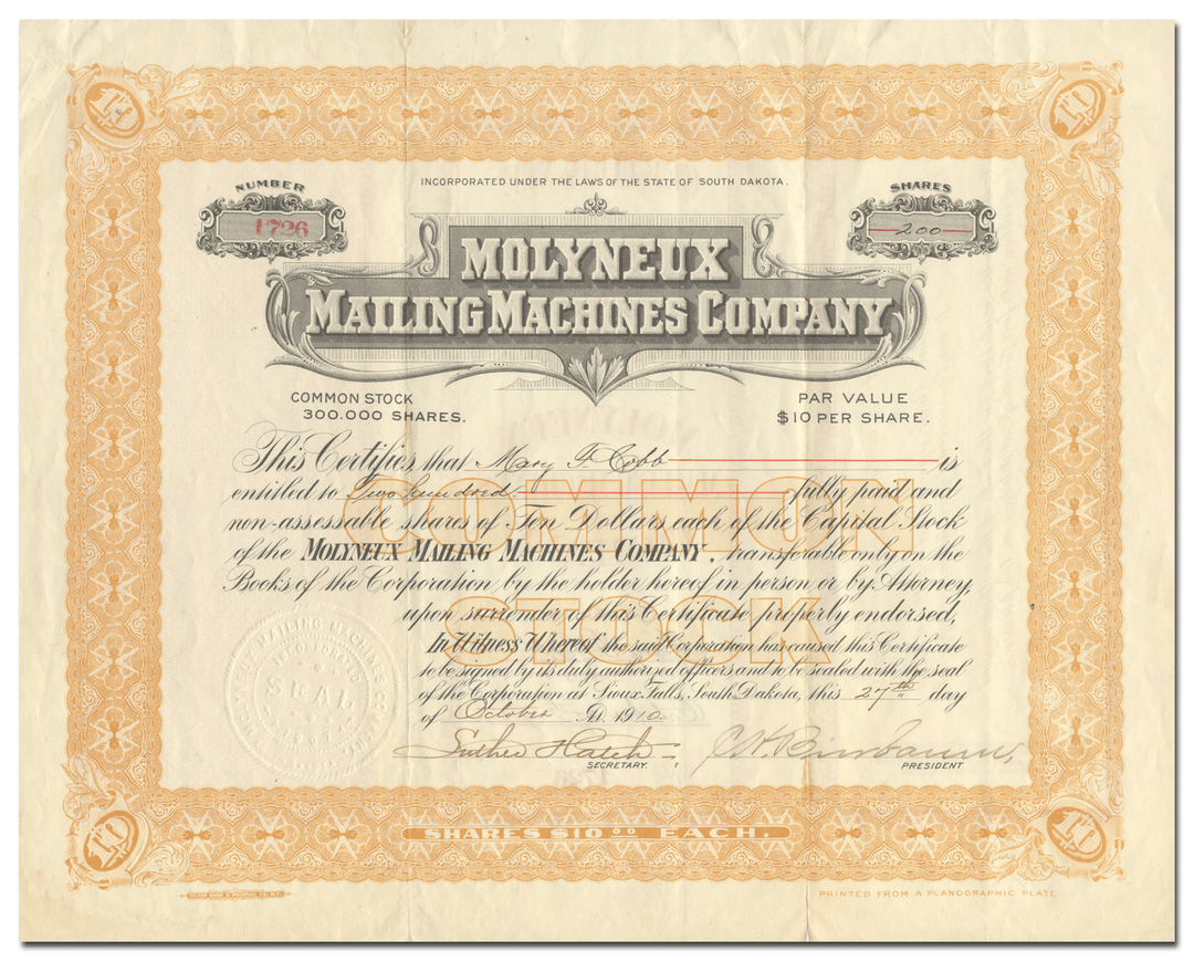 Molyneux Mailing Machines Company Stock Certificate