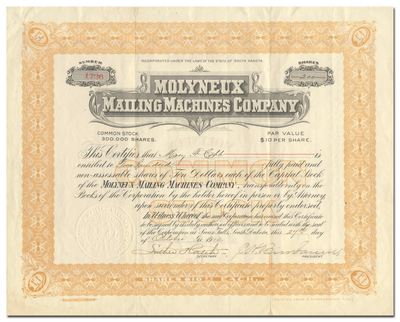 Molyneux Mailing Machines Company Stock Certificate