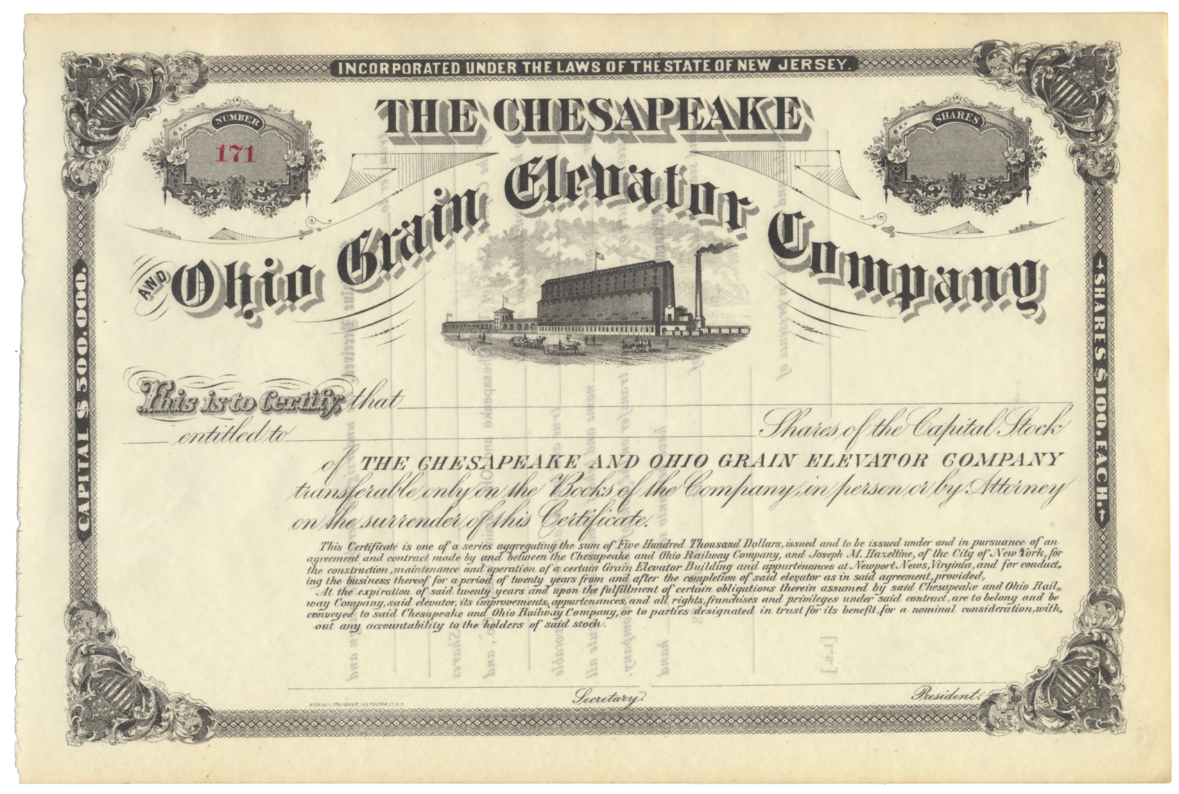 Chesapeake and Ohio Grain Elevator Company Stock Certificate