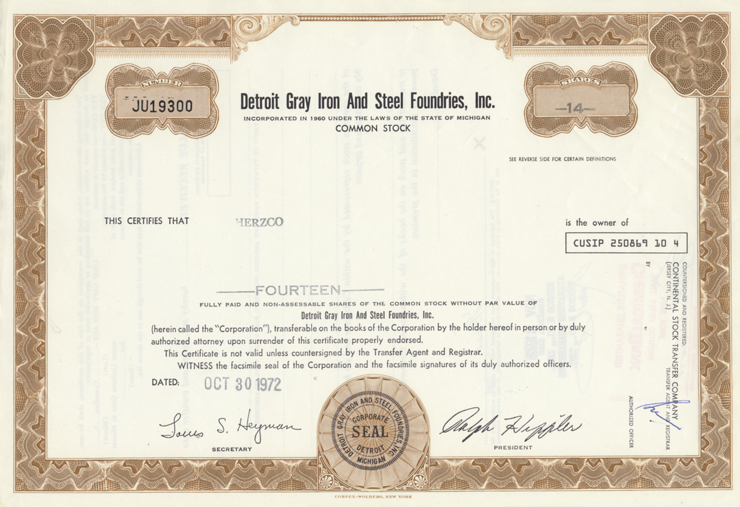 Detroit Gray Iron and Steel Foundries, Inc. Stock Certificate