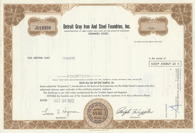 Detroit Gray Iron and Steel Foundries, Inc. Stock Certificate