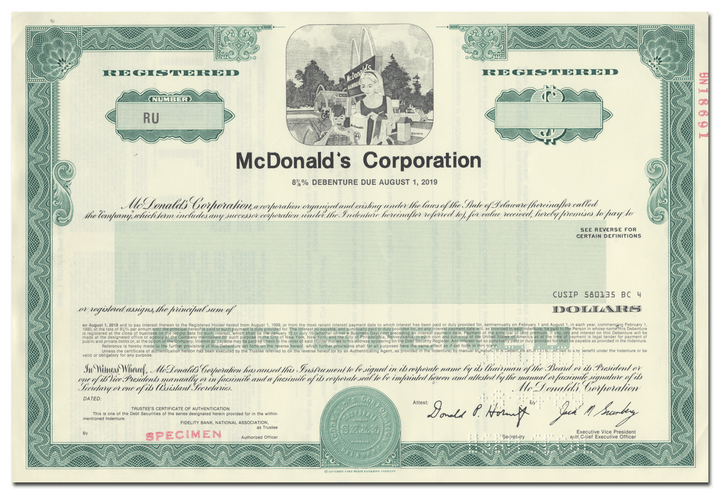 McDonald's Corporation Specimen Bond Certificate