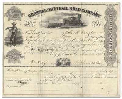 Central Ohio Rail Road Company Stock Certificate
