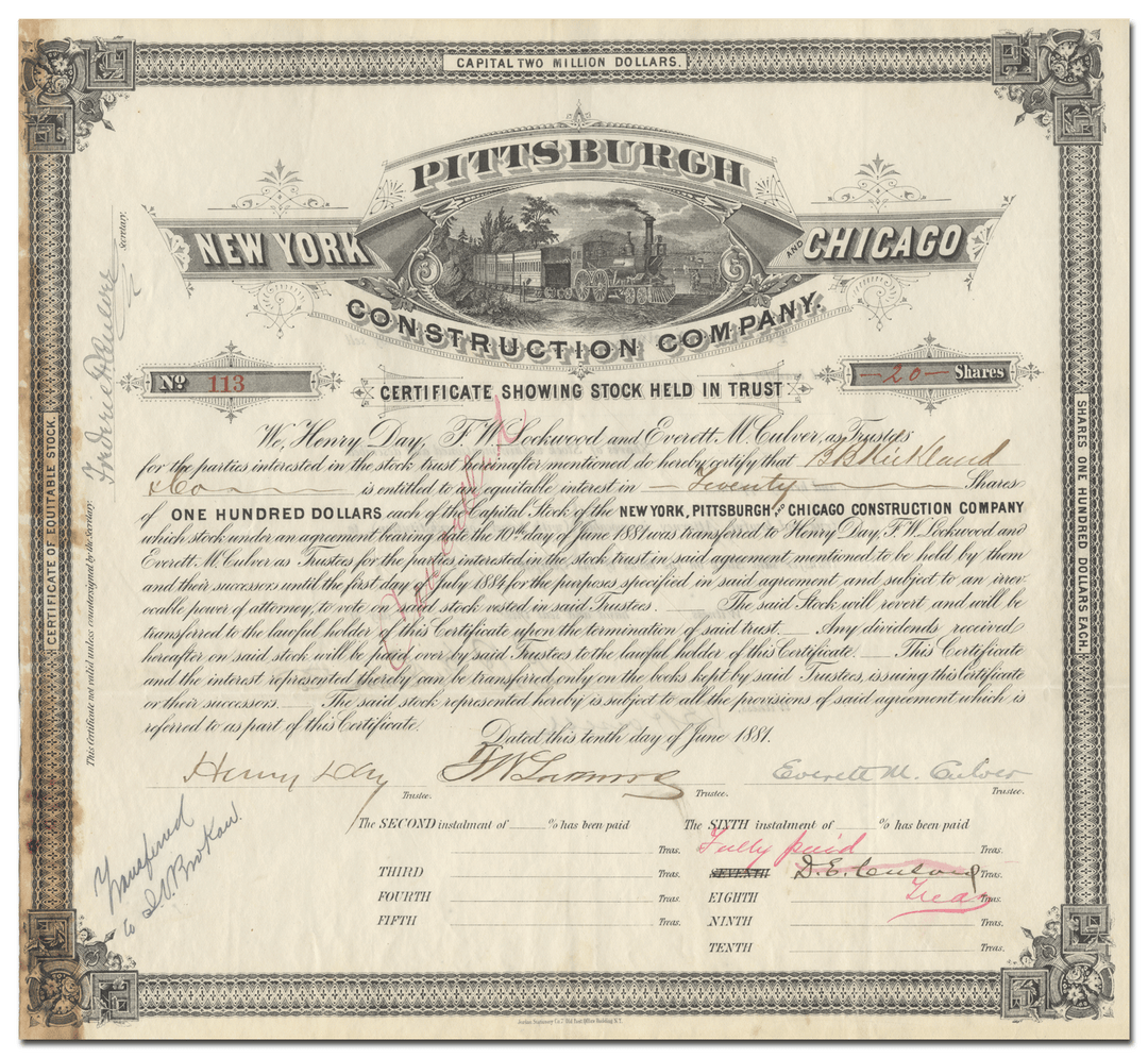 New York, Pittsburgh and Chicago Construction Company Stock Certificate