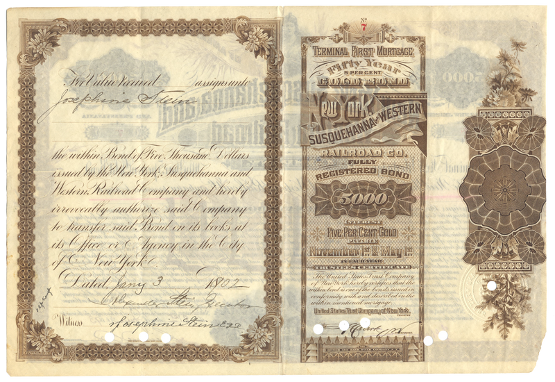 New York, Susquehanna and Western Railroad Company Bond Certificate