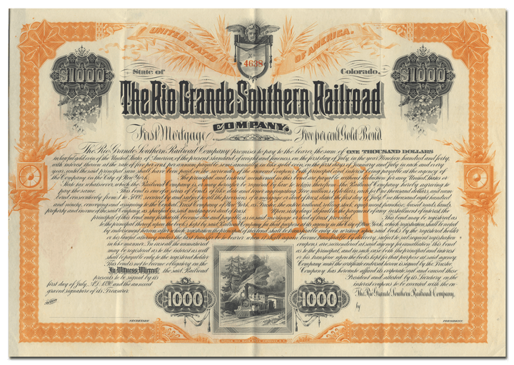 Rio Grande Southern Railroad Company Bond Certificate