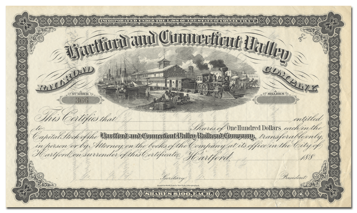 Hartford and Connecticut Valley Railroad Company Stock Certificate