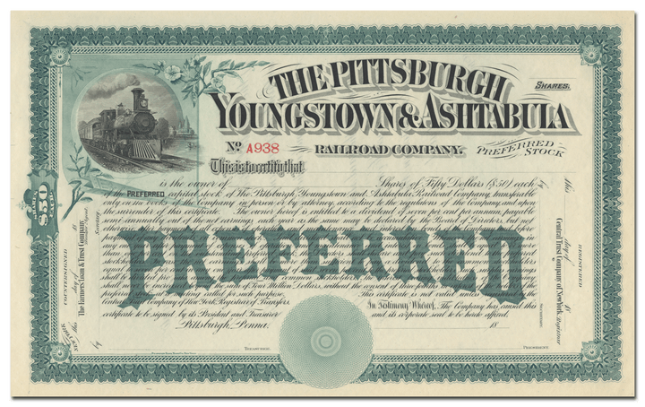 Pittsburgh, Youngstown & Ashtabula Railroad Company Stock Certificate