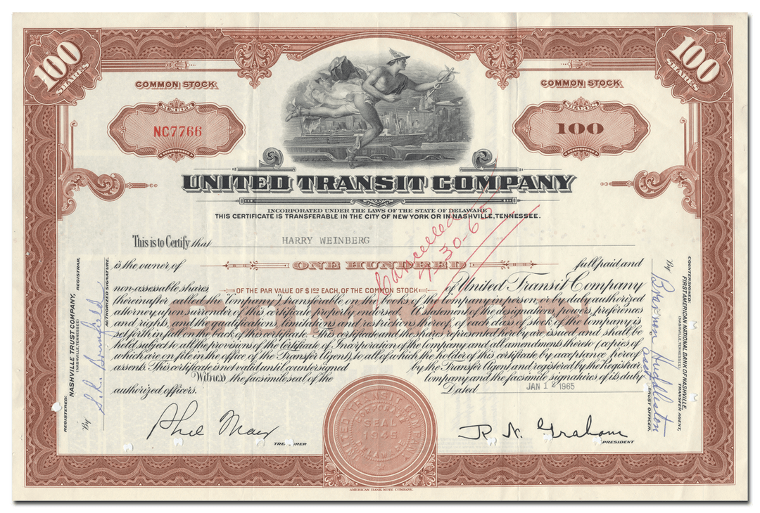 United Transit Company Stock Certificate