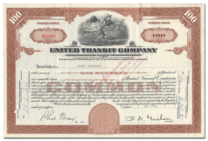 United Transit Company Stock Certificate