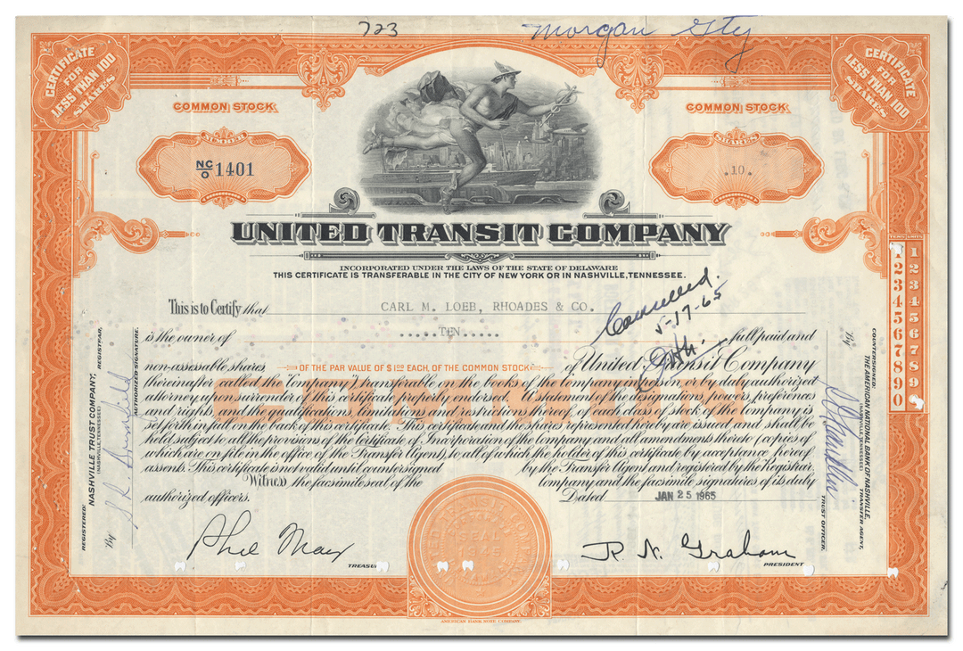 United Transit Company Stock Certificate