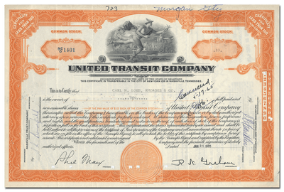 United Transit Company Stock Certificate