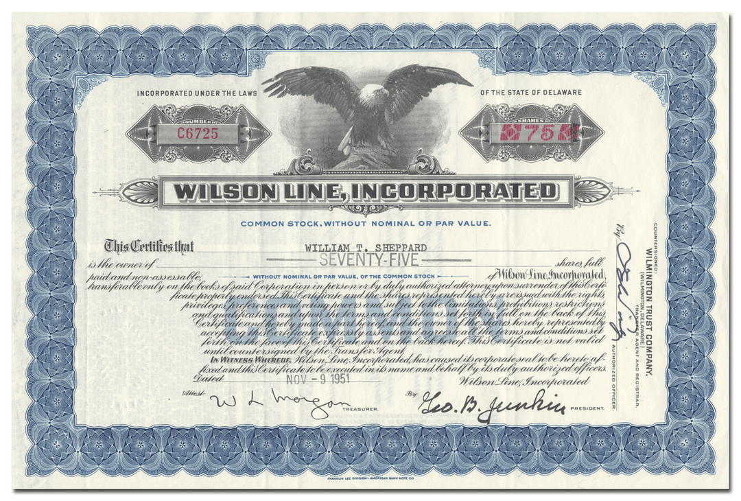 Wilson Line, Incorporated Stock Certificate