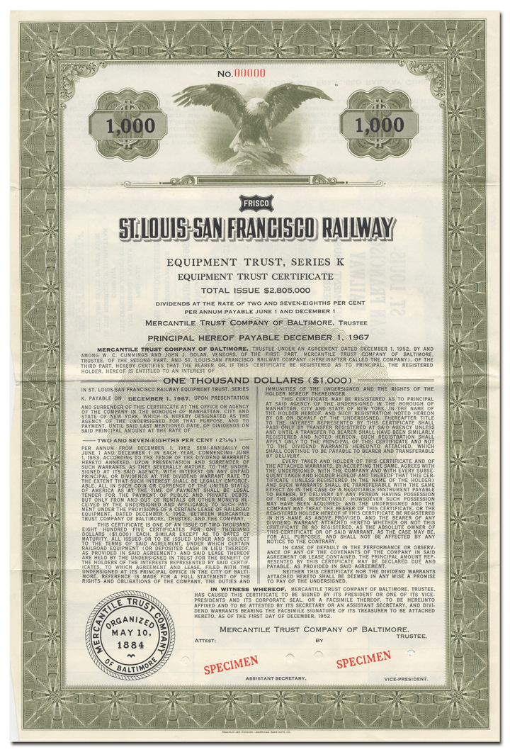 St. Louis-San Francisco Railway Company Specimen Bond Certificate