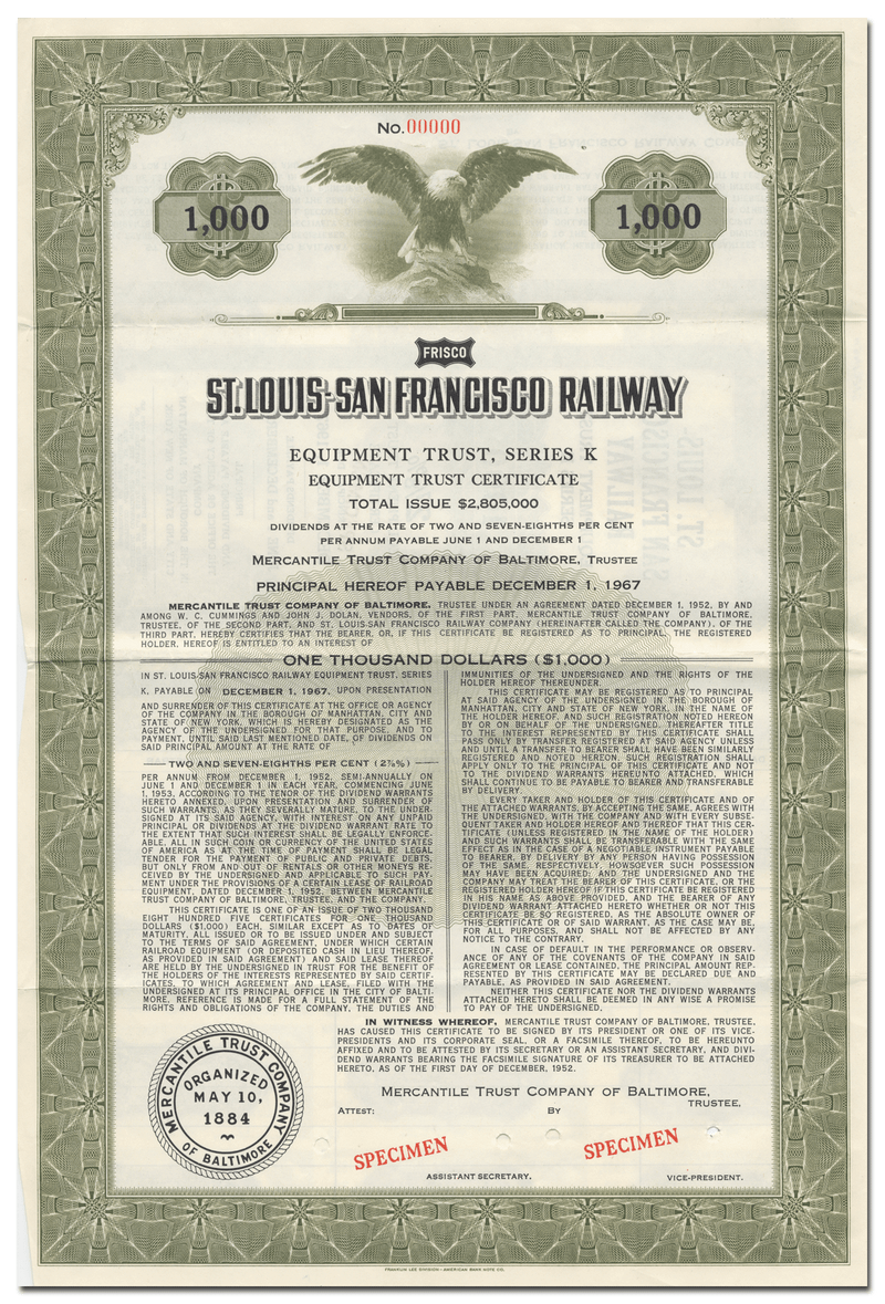 St. Louis-San Francisco Railway Company Specimen Bond Certificate