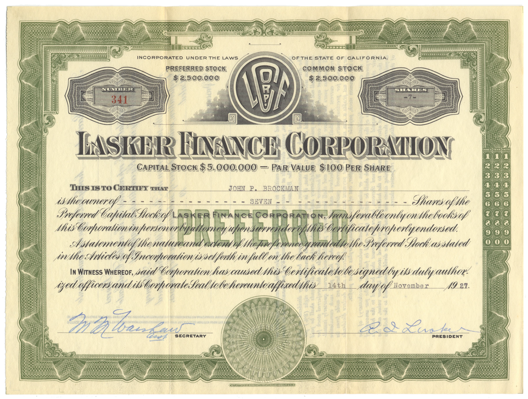 Lasker Finance Corporation Stock Certificate