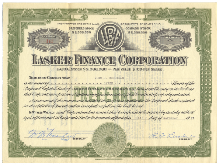 Lasker Finance Corporation Stock Certificate