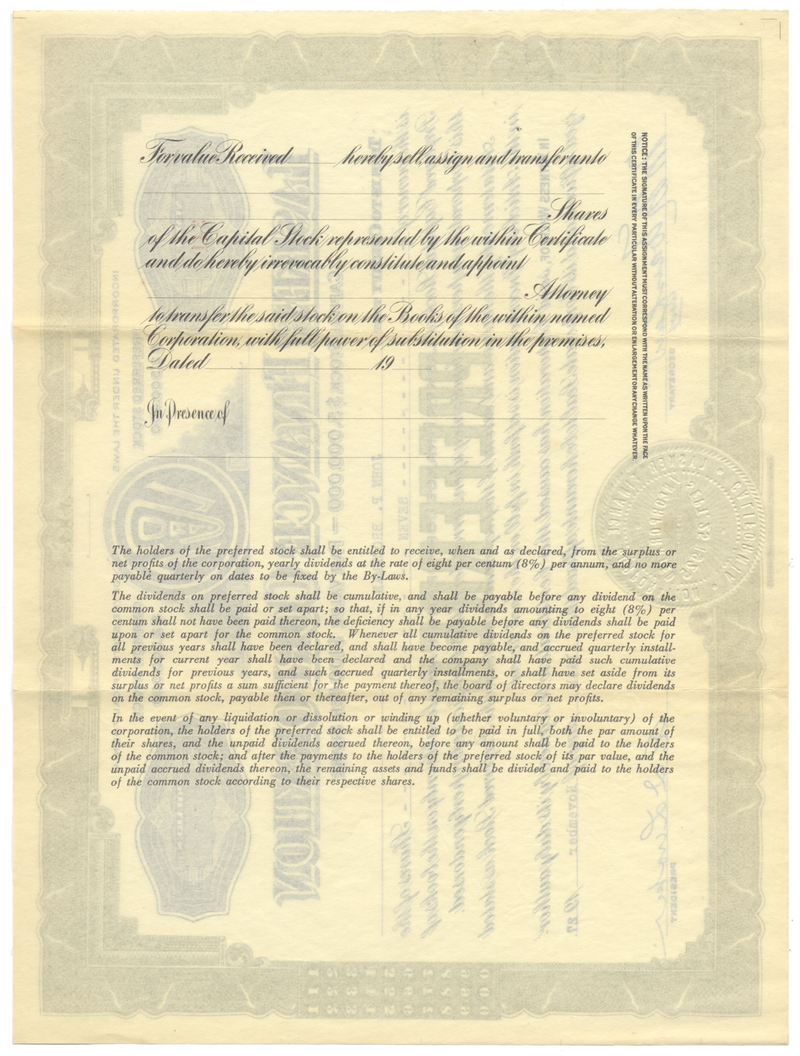 Lasker Finance Corporation Stock Certificate
