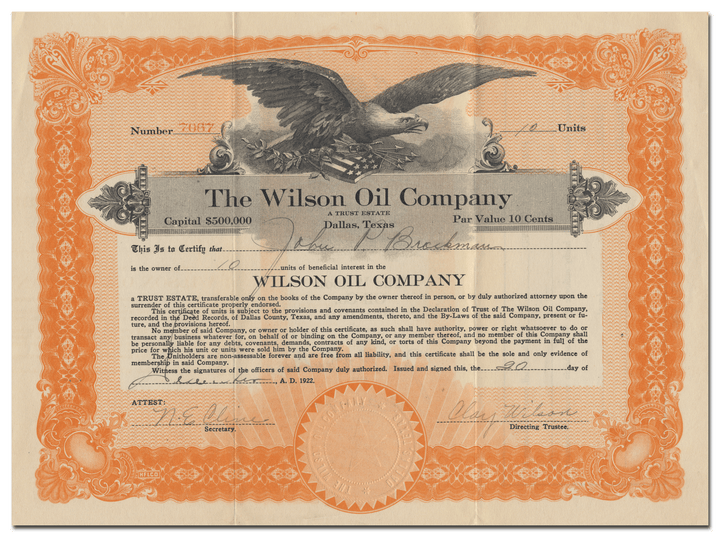 Wilson Oil Company Stock Certificate