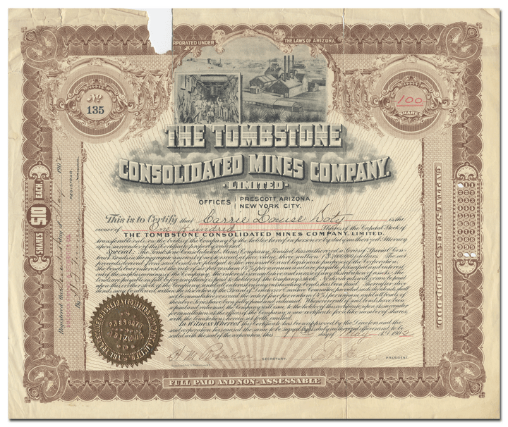 Tombstone Consolidated Mines Company, Limited Stock Certificate Signed by E. B. Gage