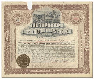 Tombstone Consolidated Mines Company, Limited Stock Certificate Signed by E. B. Gage