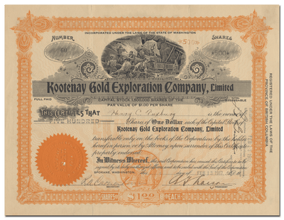 Kootenay Gold Exploration Company, Limited Stock Certificate
