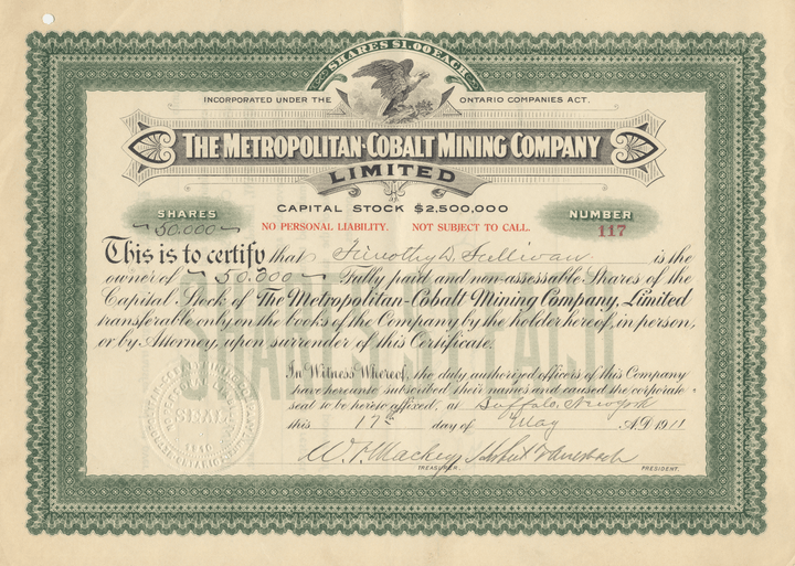 Metropolitan-Cobalt Mining Company Stock Certificate