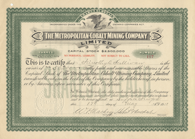 Metropolitan-Cobalt Mining Company Stock Certificate