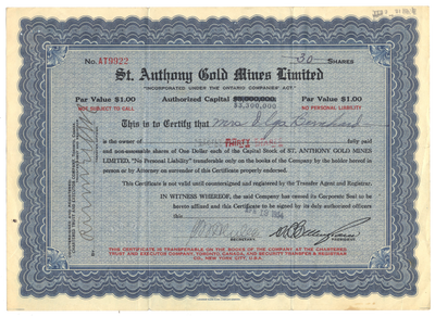 St. Anthony Gold Mines Limited Stock Certificate