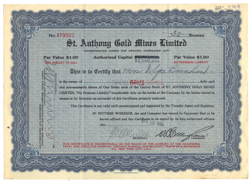 St. Anthony Gold Mines Limited Stock Certificate