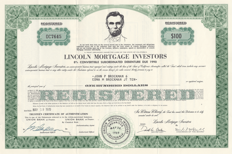 Lincoln Mortgage Investors Bond Certificate
