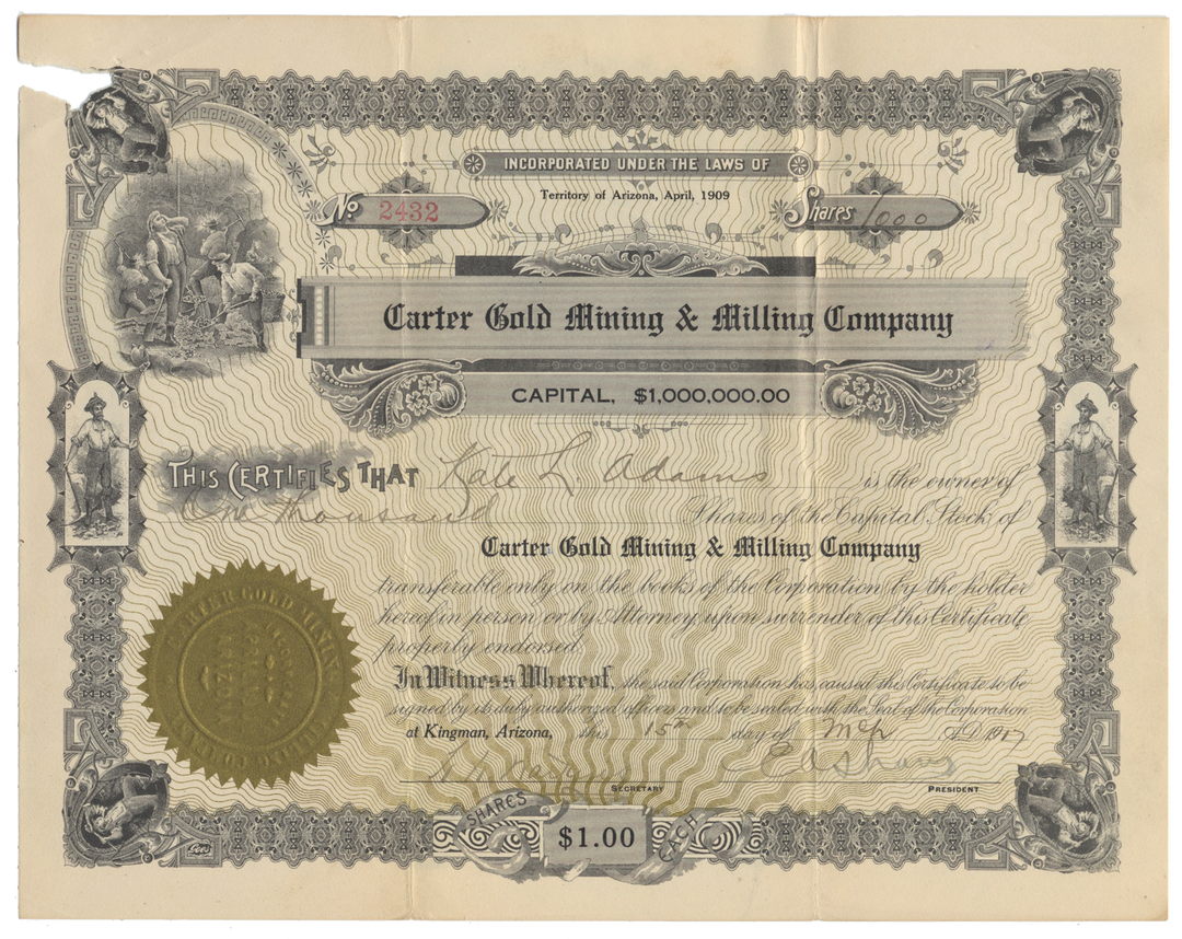 Carter Gold Mining & Milling Company Stock Certificate