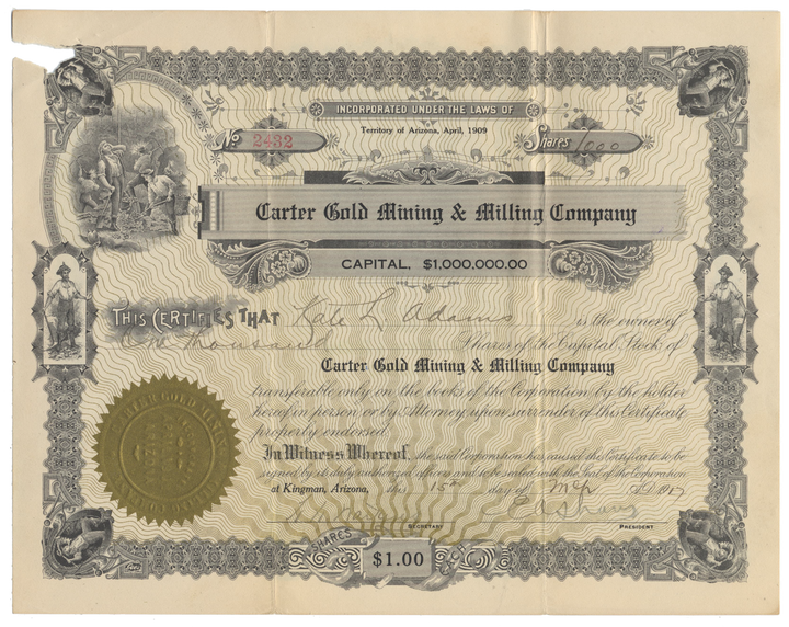 Carter Gold Mining & Milling Company Stock Certificate