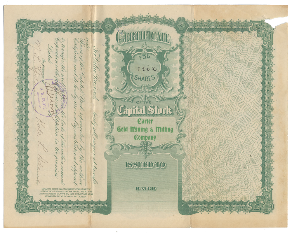 Carter Gold Mining & Milling Company Stock Certificate