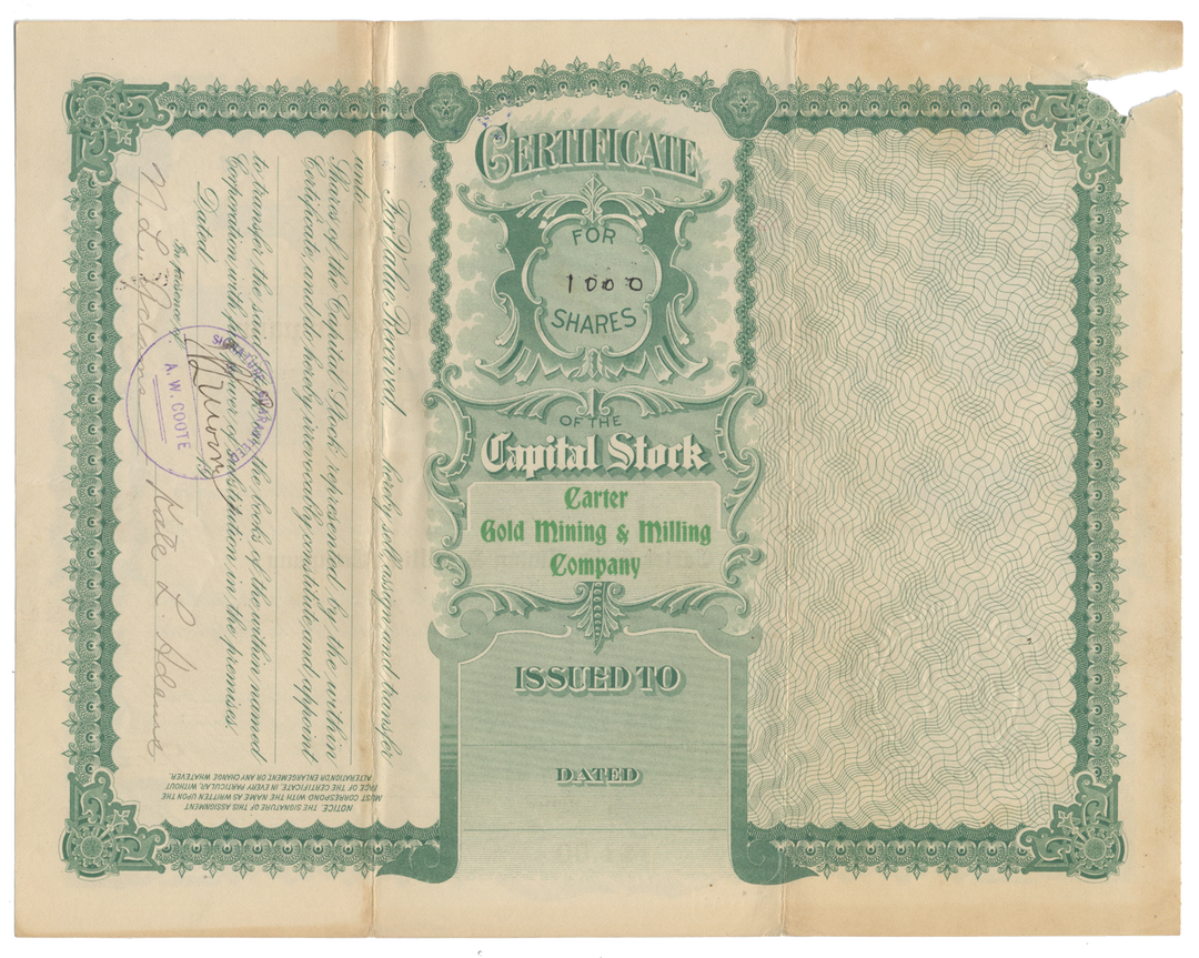 Carter Gold Mining & Milling Company Stock Certificate