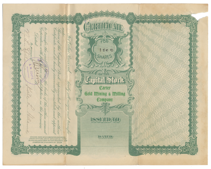 Carter Gold Mining & Milling Company Stock Certificate