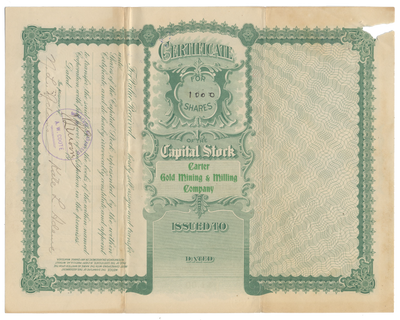 Carter Gold Mining & Milling Company Stock Certificate