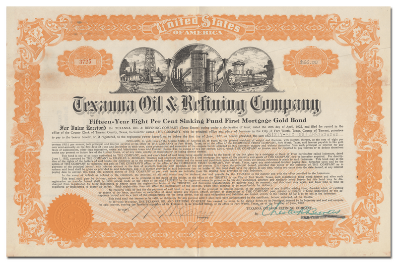 Texanna Oil & Refining Company Bond Certifiacte