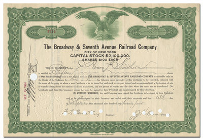Broadway and Seventh Avenue Railroad Company Stock Certificate