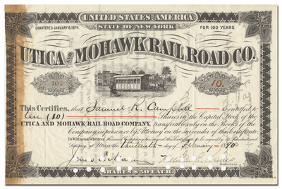Utica and Mohawk Railroad Company Stock Certificate