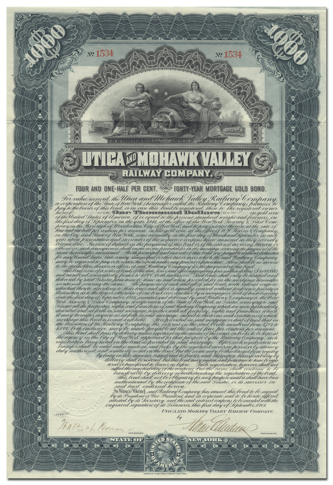 Utica and Mohawk Valley Railway Company Bond Certificate