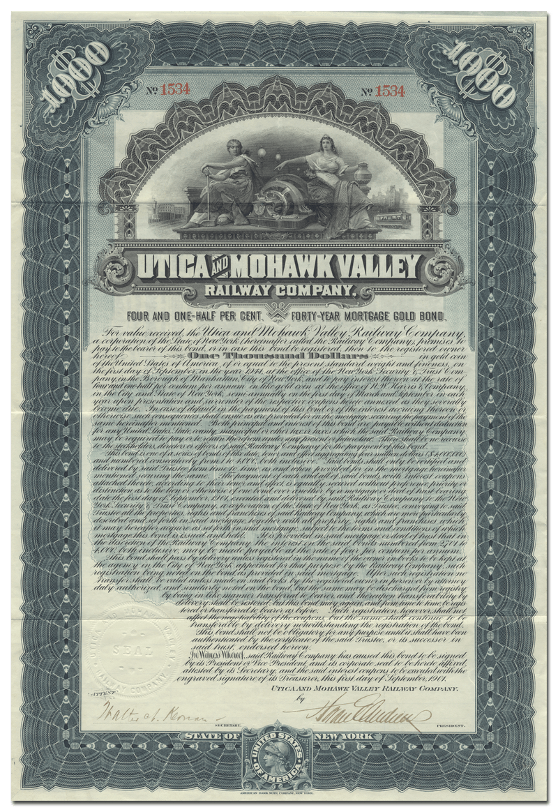 Utica and Mohawk Valley Railway Company Bond Certificate
