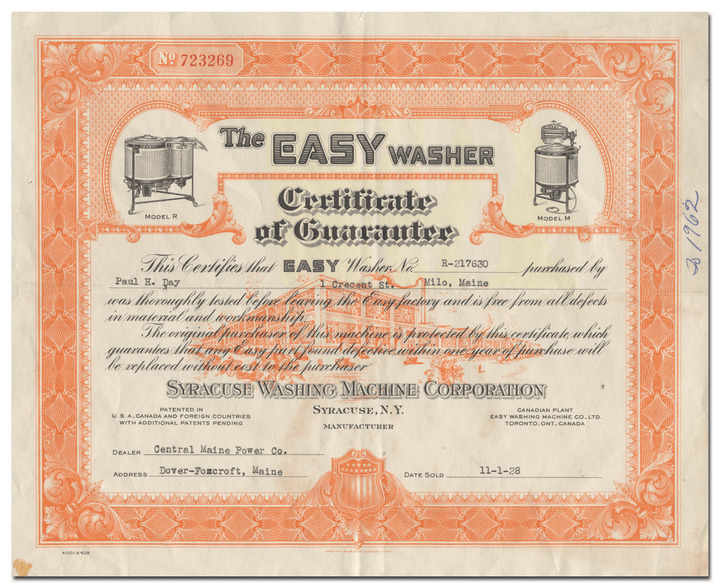 Syracuse Washing Machine Corporation Guarantee Certificate