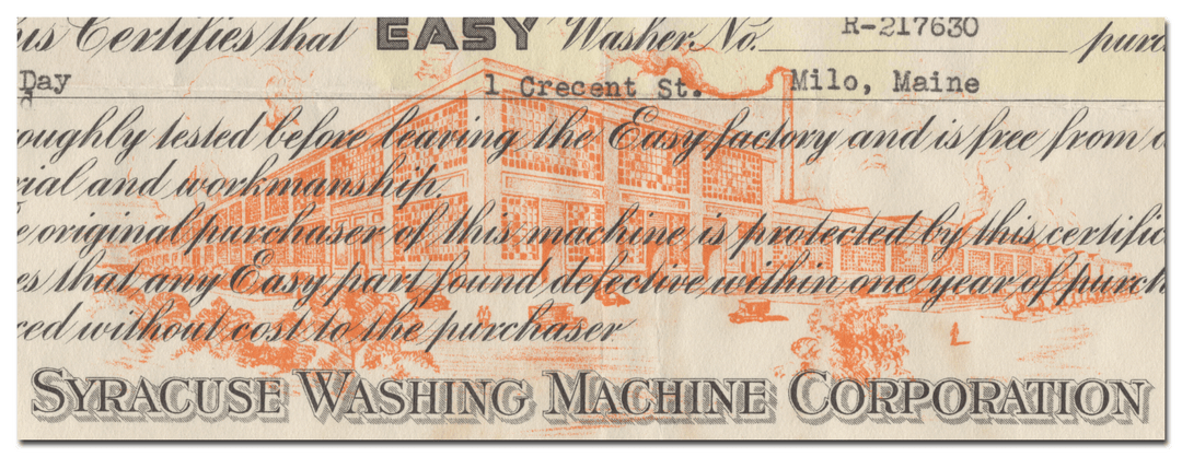 Syracuse Washing Machine Corporation Guarantee Certificate